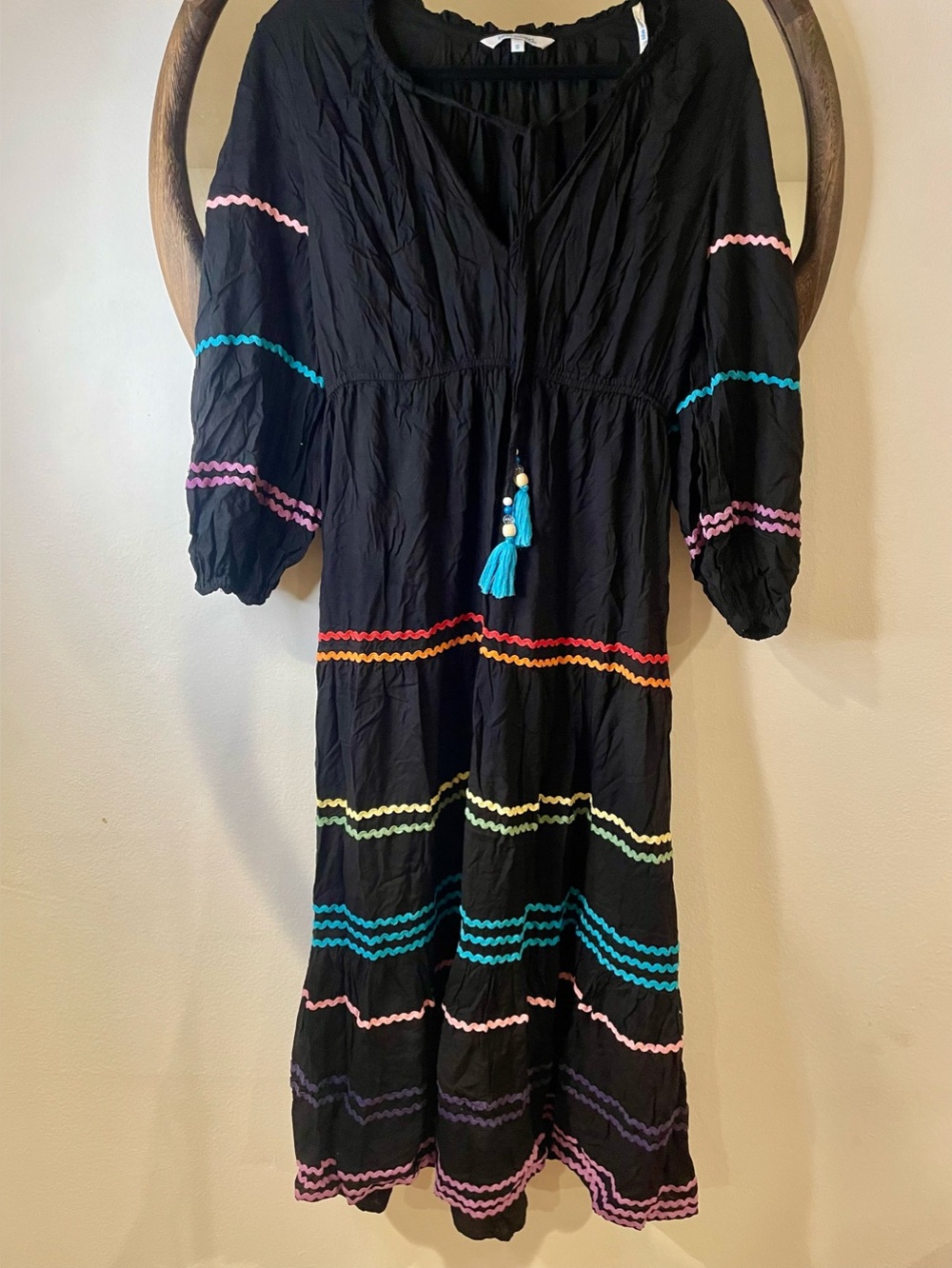 blue island Black Dress with Multicolor Ric-Rac Trim